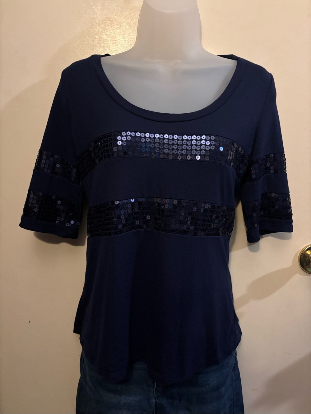 dELiA*s Navy Short Sleeve Scoop Neck Top with Sequin Stripes
